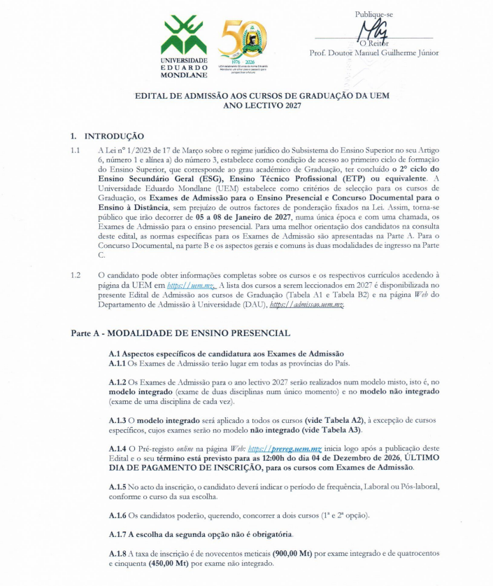 “EDITAL DE ADMISSÃO AOS CURSOS DE GRADUAÇÃO DA UEM ANO LECTIVO 2027”